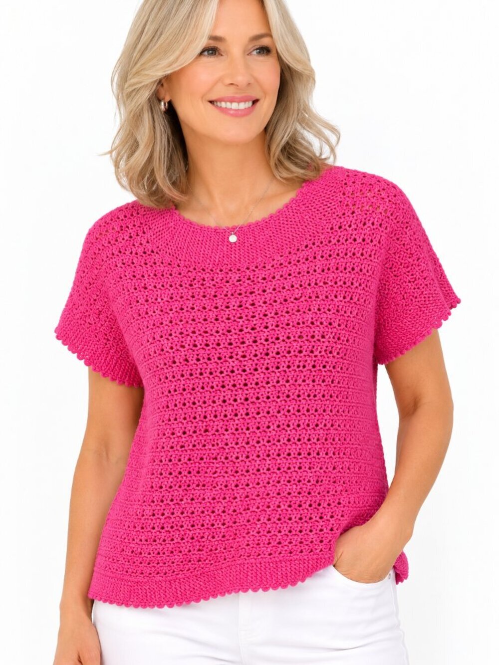 Hand Knit Pink Crochet Short Sleeve Sweater | Lightweight Open Weave Pullover |